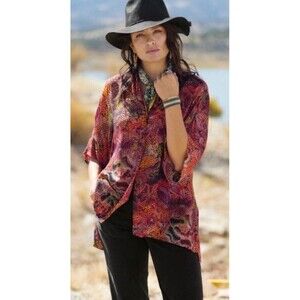 Peruvian Connection Women Taormina Floral Blouse Sz M Button Up Boho Relaxed